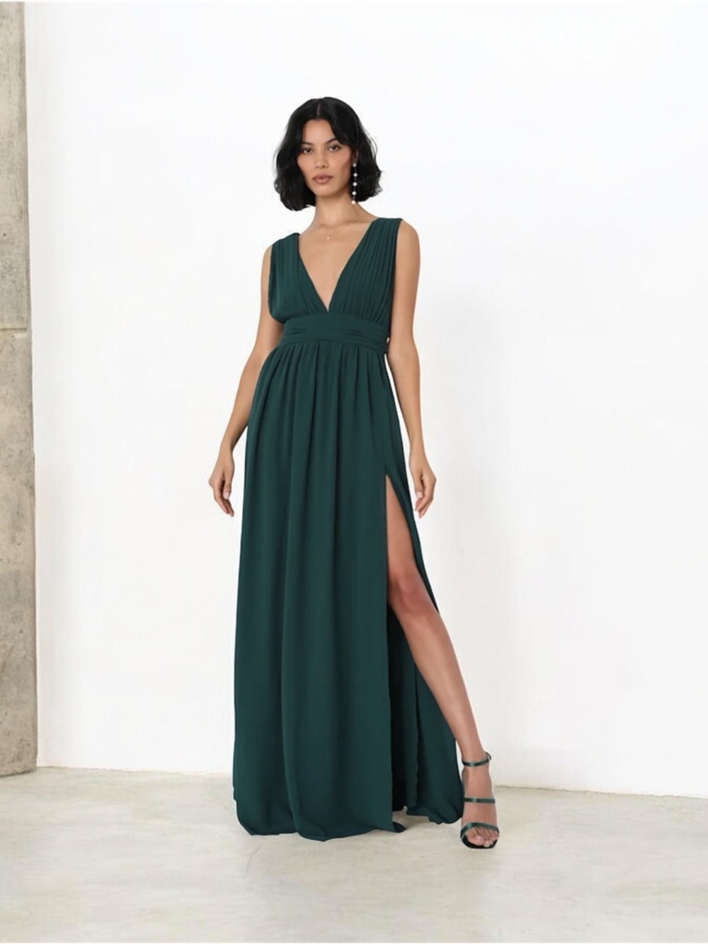 Lulu's Forest Green V-Neck Maxi Dress with High Slit